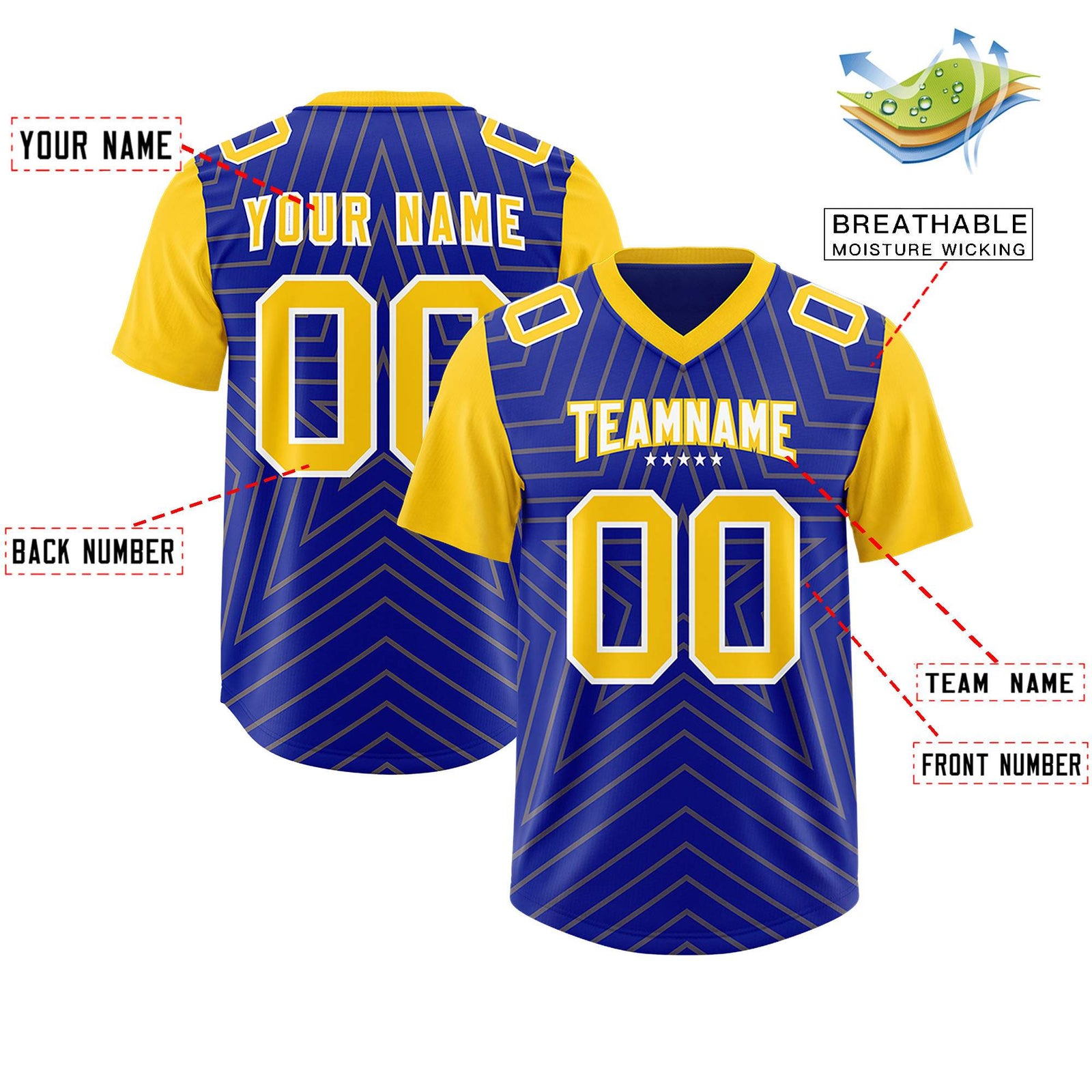 Custom Royal Gold Personalized Star Pattern Raglan Sleeves Authentic Football Jersey