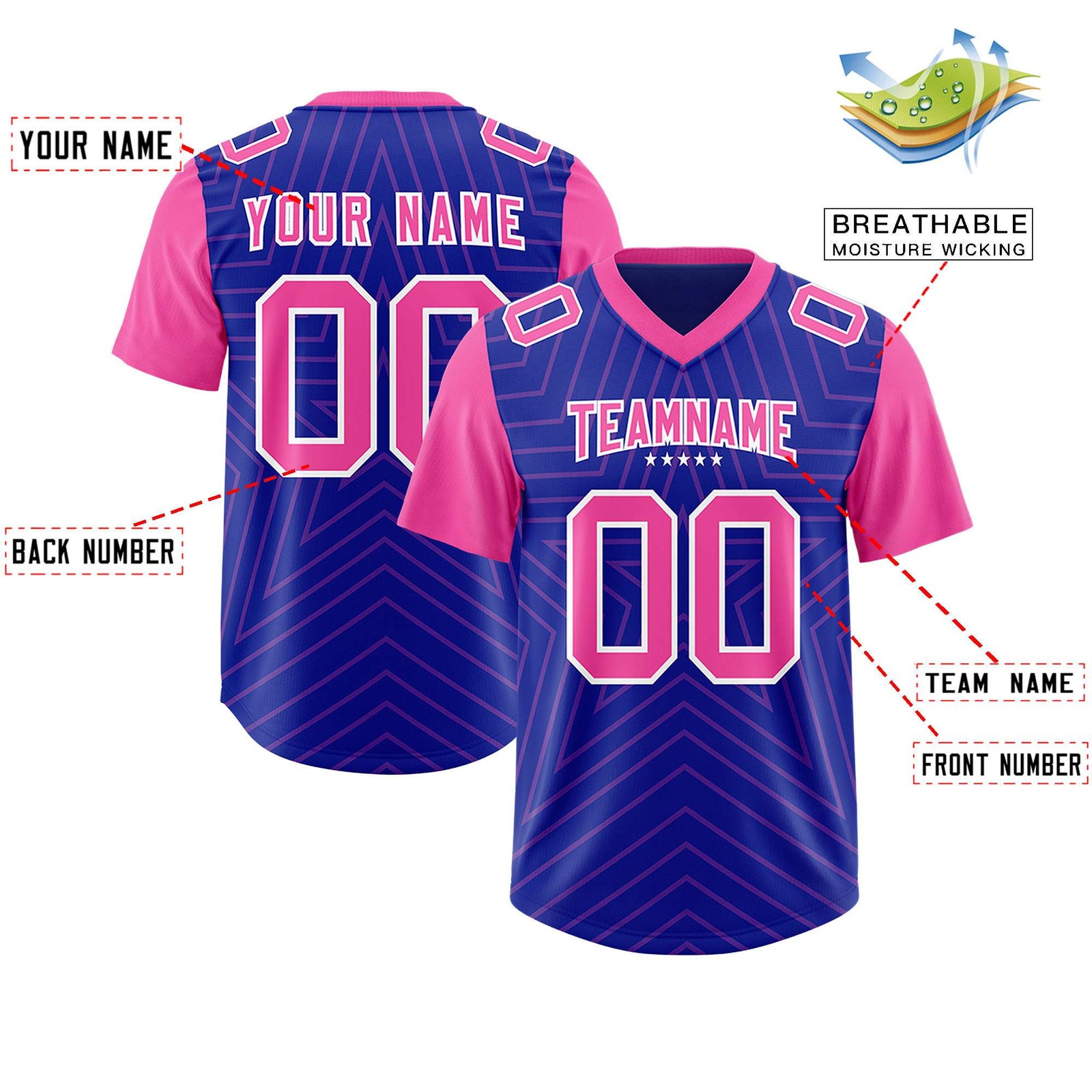 Custom Royal Pink Personalized Star Pattern Raglan Sleeves Authentic Football Jersey
