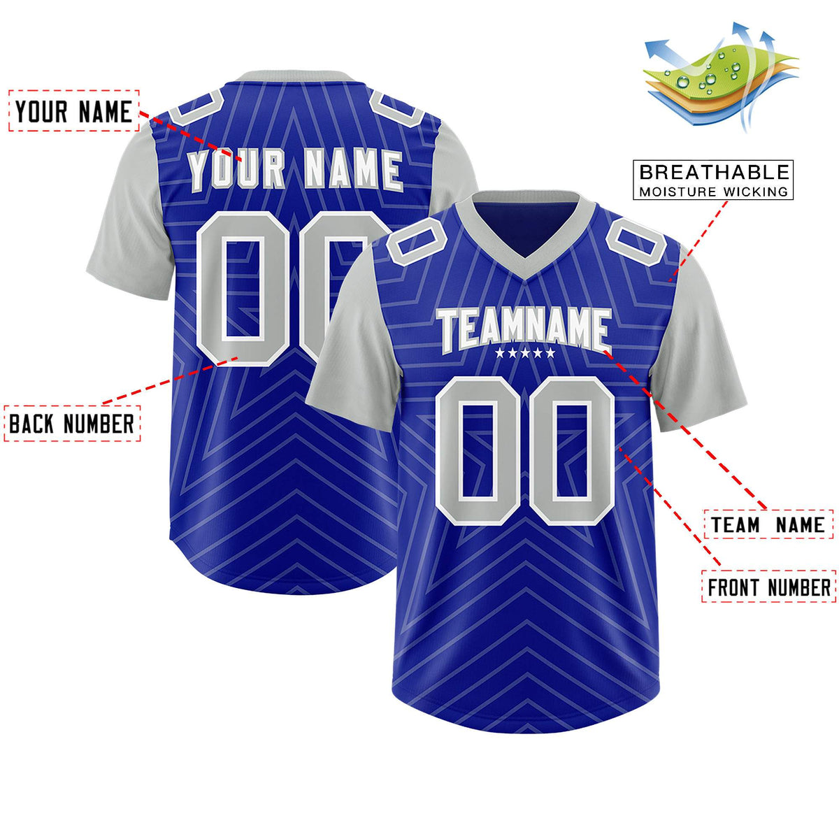 Custom Royal Gray Personalized Star Pattern Raglan Sleeves Authentic Football Jersey