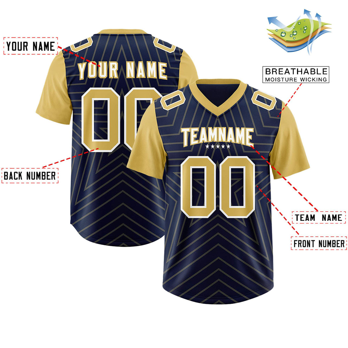 Custom Navy Old Gold Personalized Star Pattern Raglan Sleeves Authentic Football Jersey