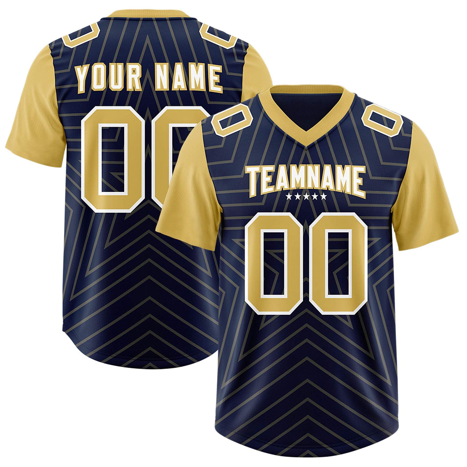 Custom Navy Old Gold Personalized Star Pattern Raglan Sleeves Authentic Football Jersey