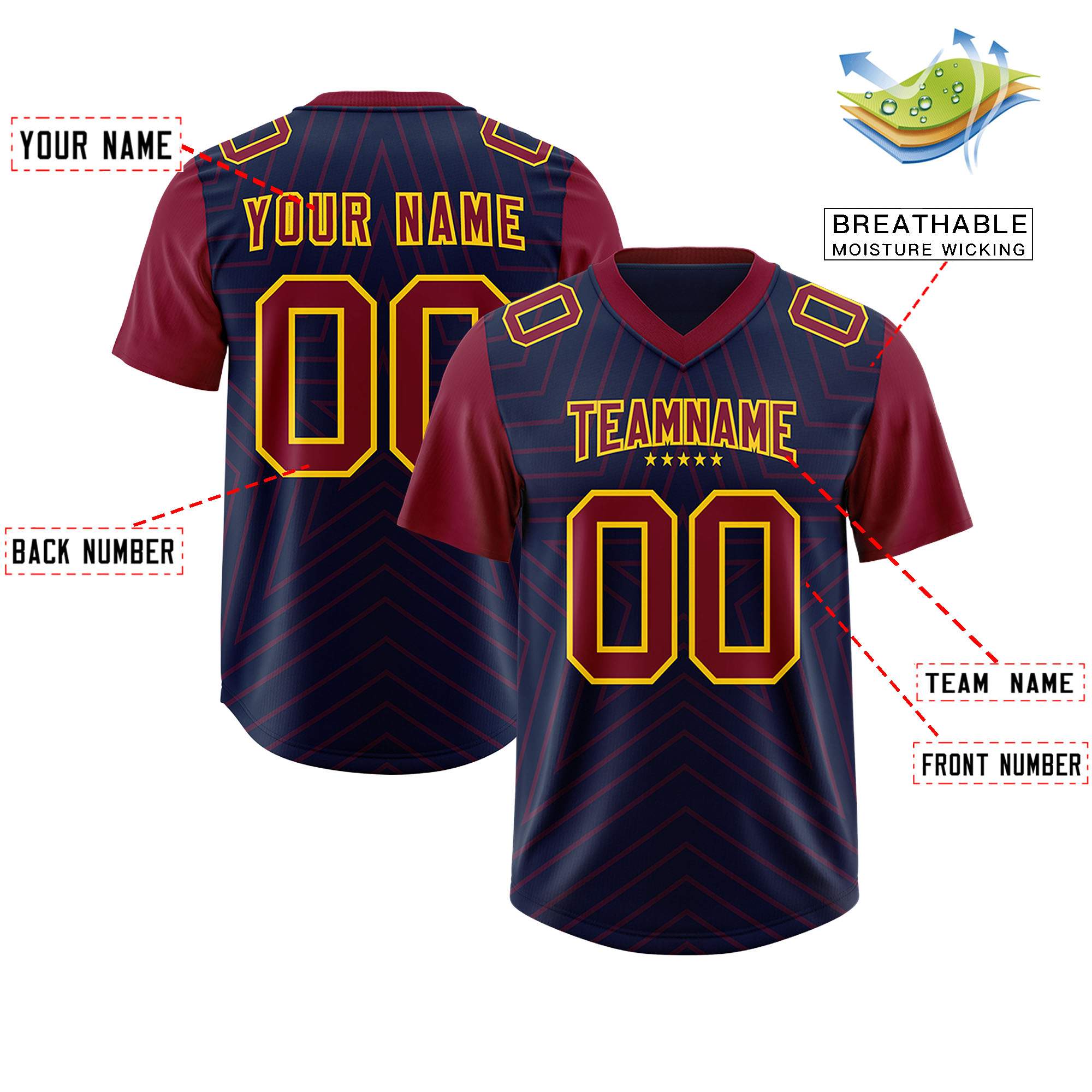 Custom Navy Cardinal Personalized Star Pattern Raglan Sleeves Authentic Football Jersey