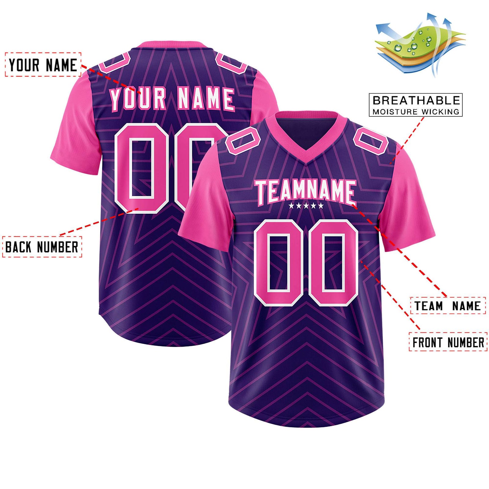 Custom Purple Pink Personalized Star Pattern Raglan Sleeves Authentic Football Jersey