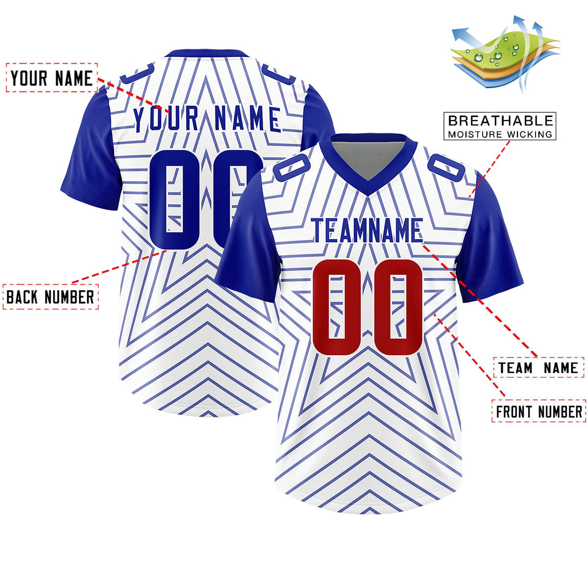 Custom White Royal Personalized Star Pattern Raglan Sleeves Authentic Football Jersey