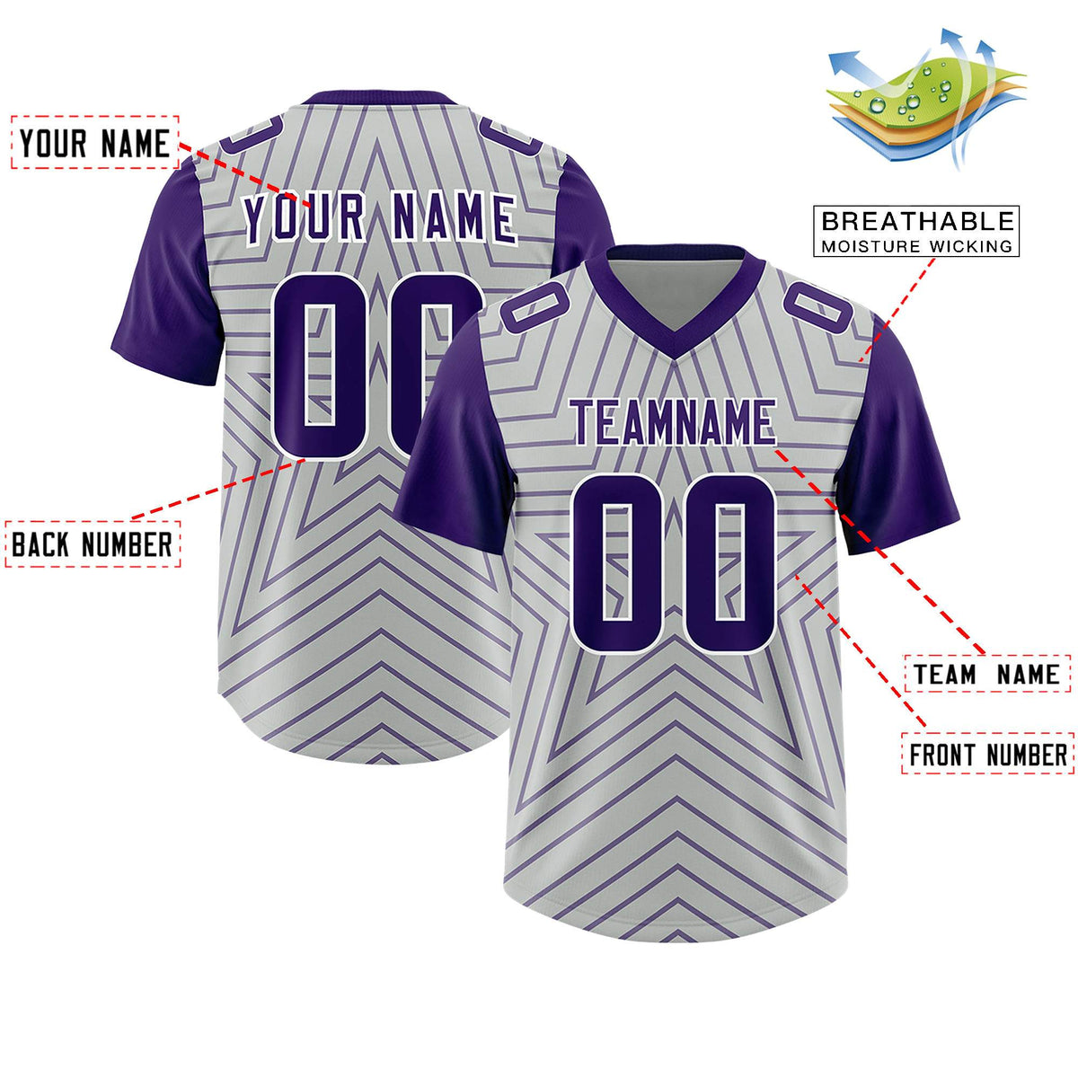 Custom Gray Purple Personalized Star Pattern Raglan Sleeves Authentic Football Jersey