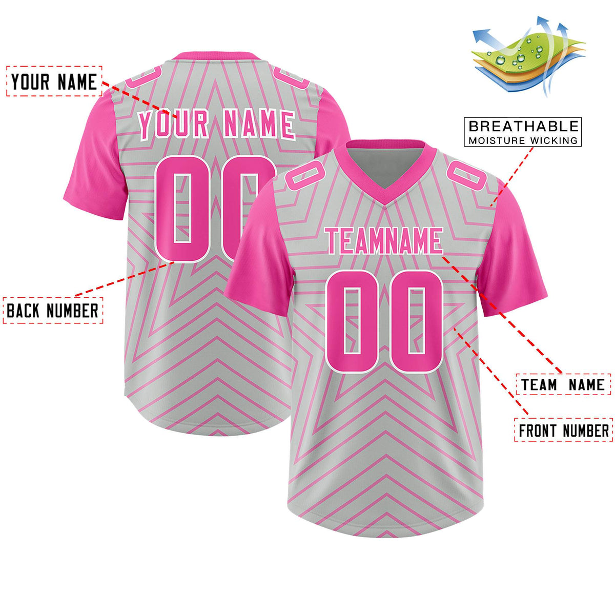Custom Gray Pink Personalized Star Pattern Raglan Sleeves Authentic Football Jersey