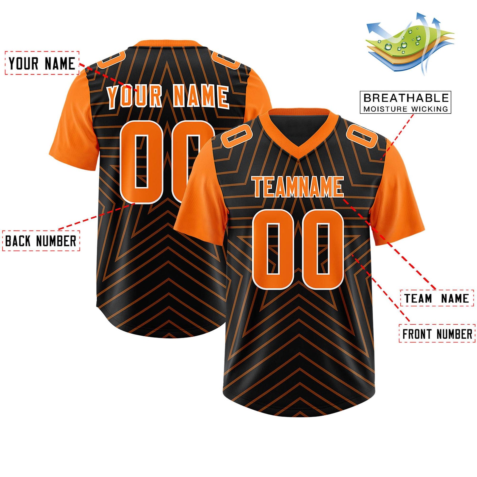 Custom Black Orange Personalized Star Pattern Raglan Sleeves Authentic Football Jersey