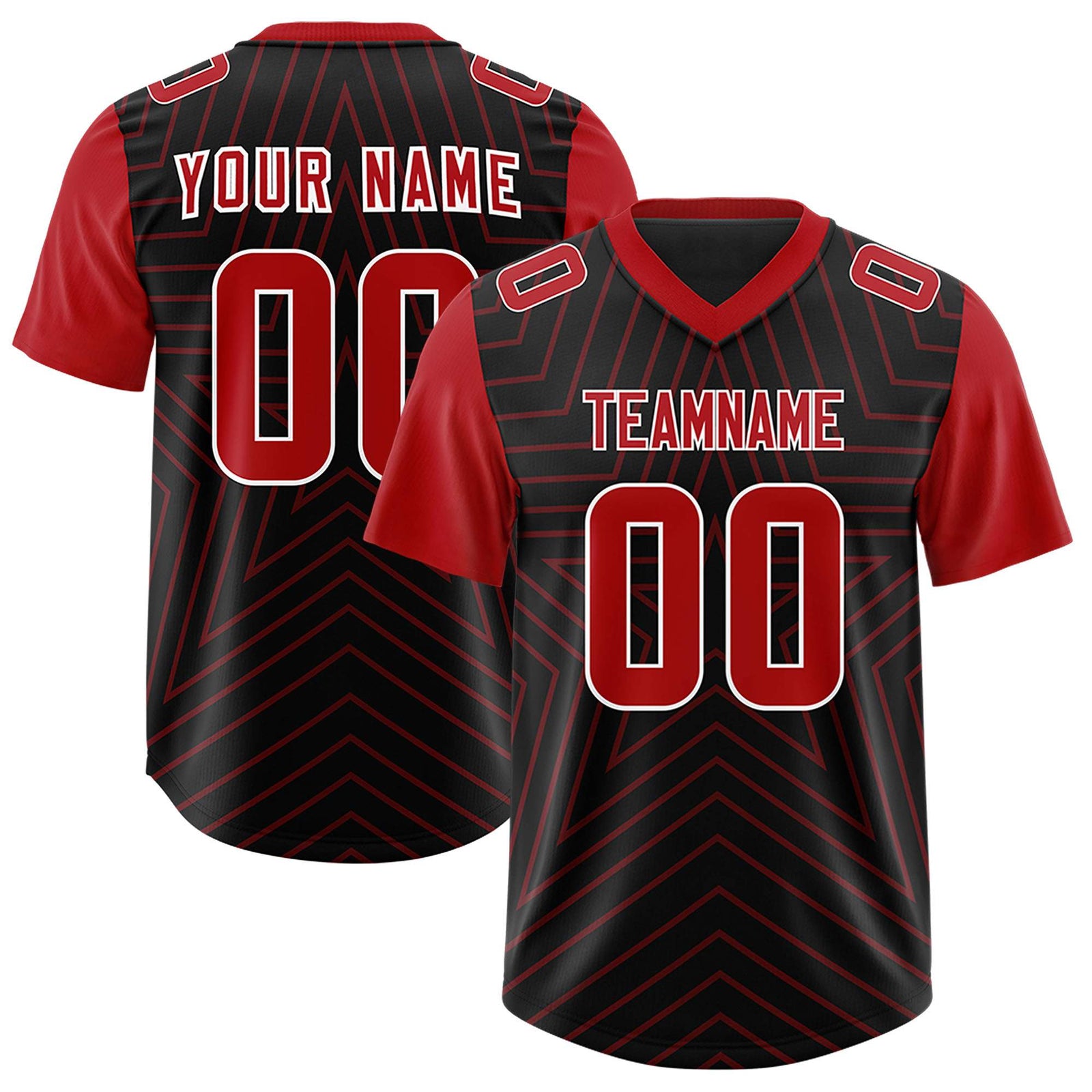 Custom Black Red Personalized Star Pattern Raglan Sleeves Authentic Football Jersey
