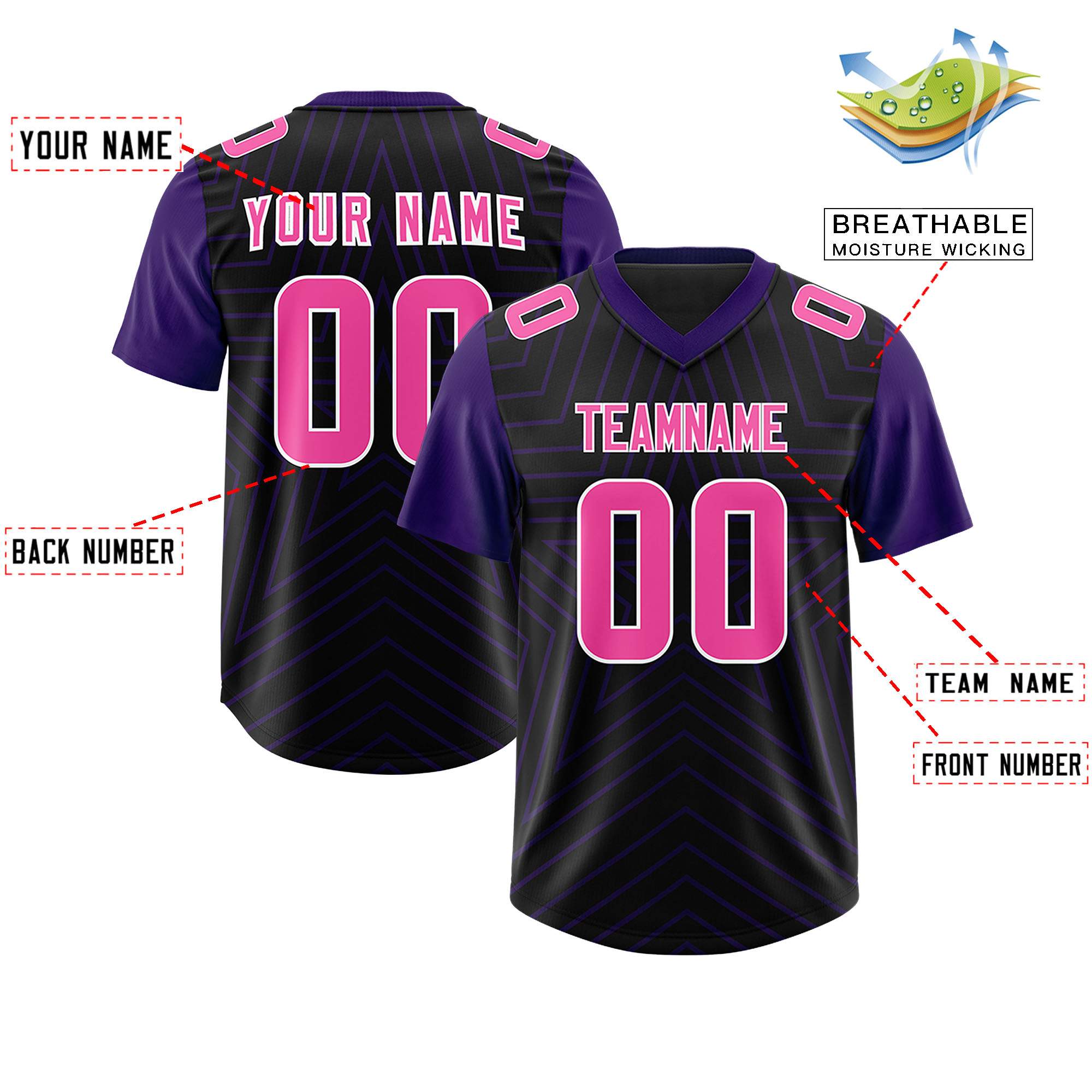 Custom Black Purple Personalized Star Pattern Raglan Sleeves Authentic Football Jersey
