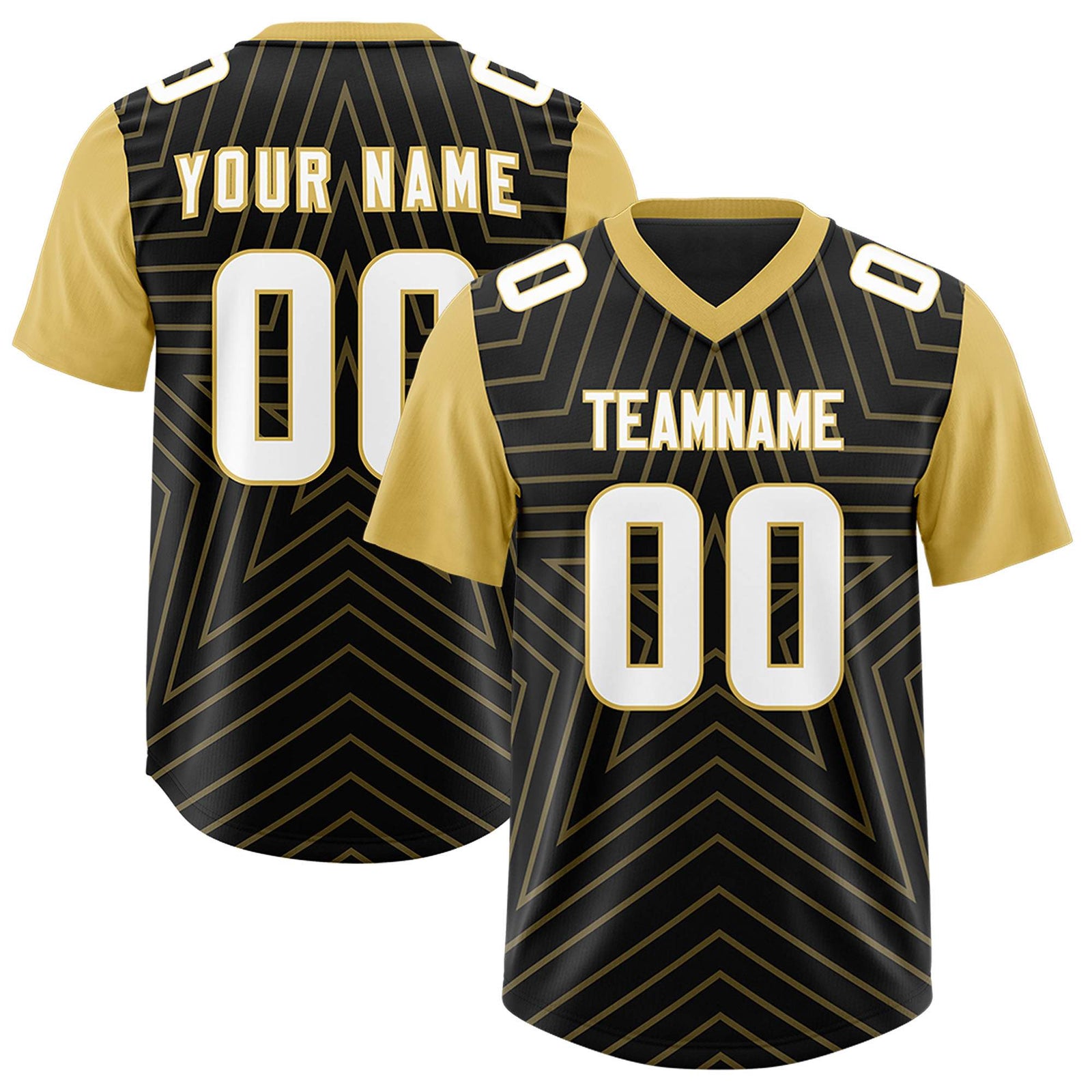 Custom Black Old Gold Personalized Star Pattern Raglan Sleeves Authentic Football Jersey