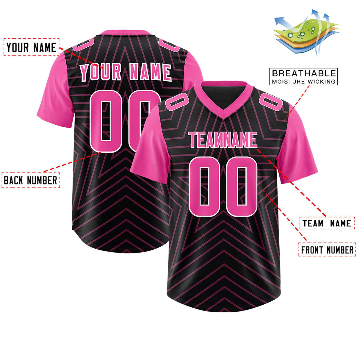Custom Black Pink Personalized Star Pattern Raglan Sleeves Authentic Football Jersey