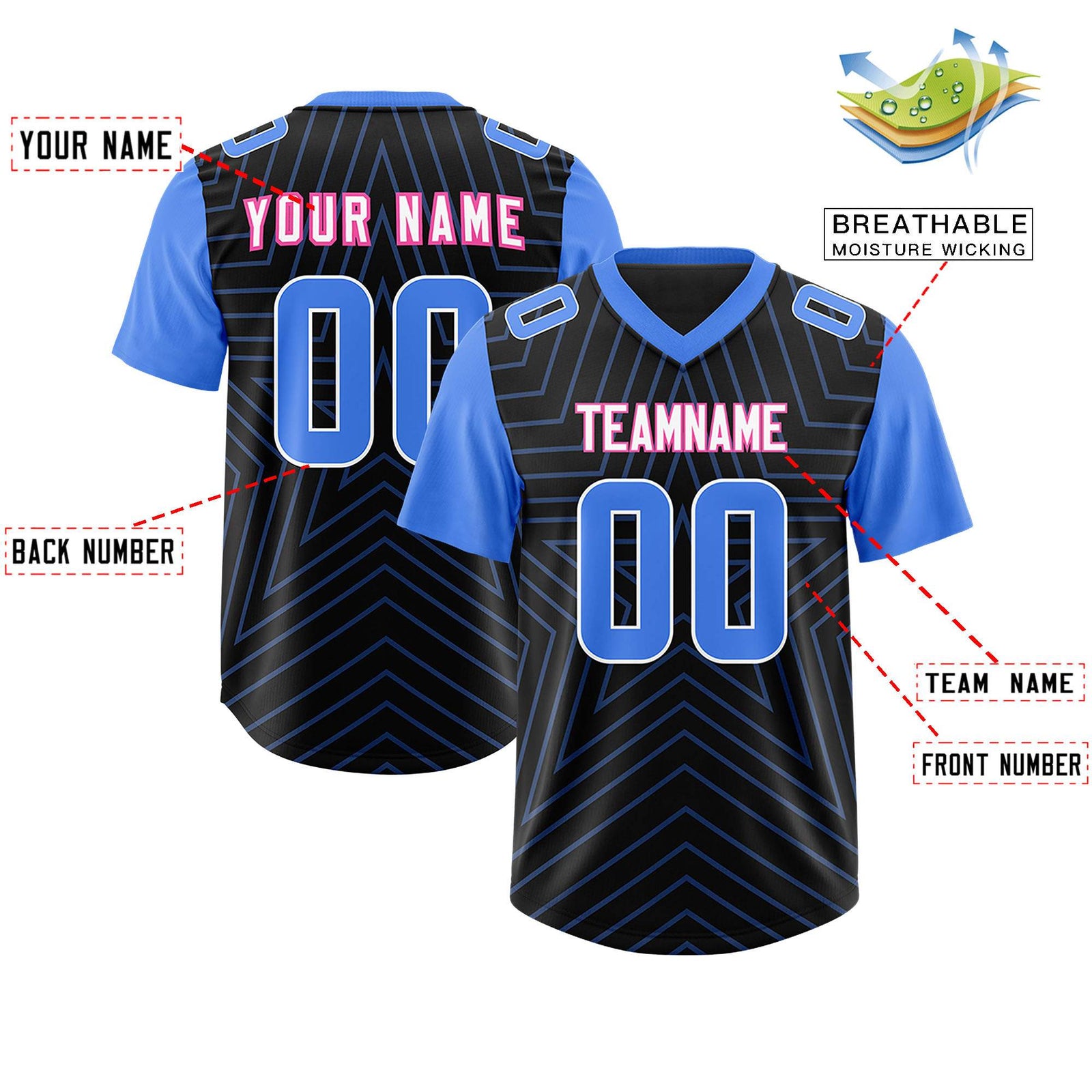 Custom Black Powder Blue Personalized Star Pattern Raglan Sleeves Authentic Football Jersey