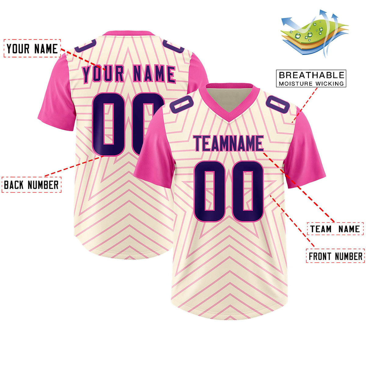 Custom Cream Pink Personalized Star Pattern Raglan Sleeves Authentic Football Jersey