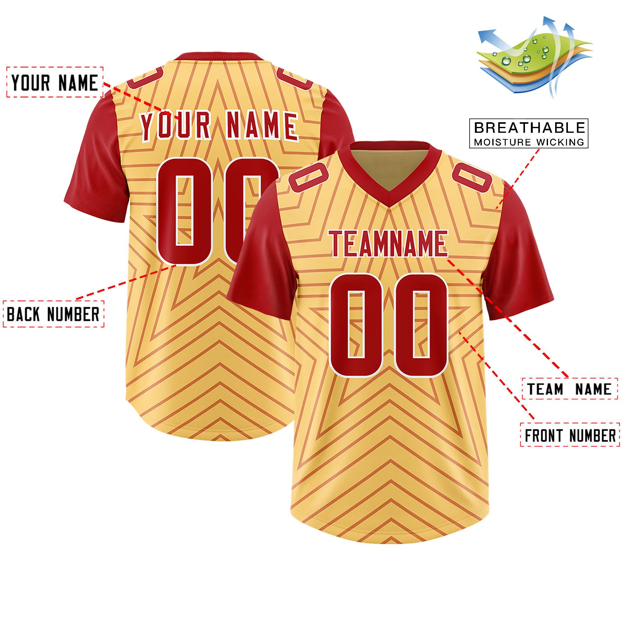 Custom Khaki Red Personalized Star Pattern Raglan Sleeves Authentic Football Jersey