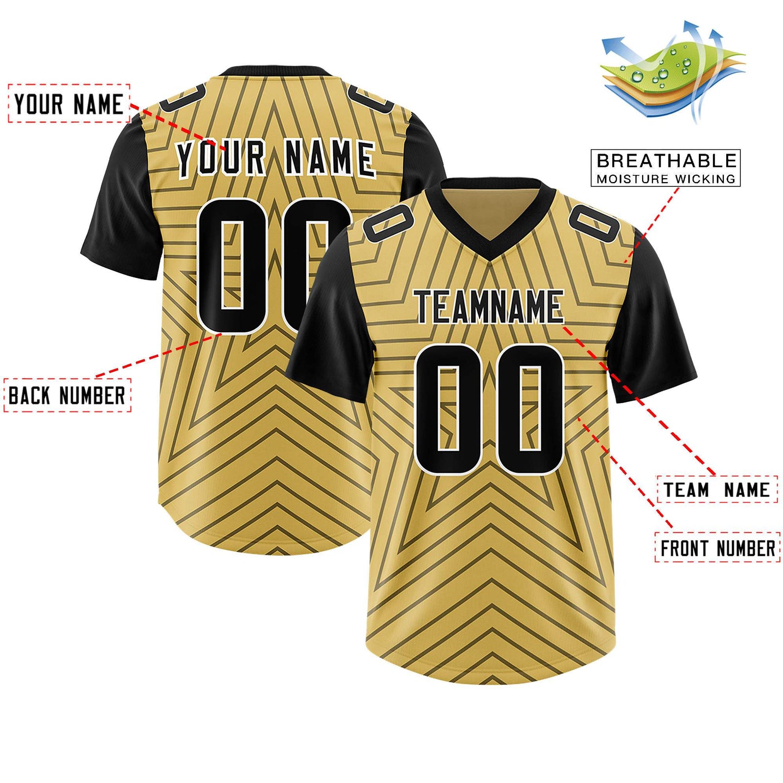 Custom Old Gold Black Personalized Star Pattern Raglan Sleeves Authentic Football Jersey