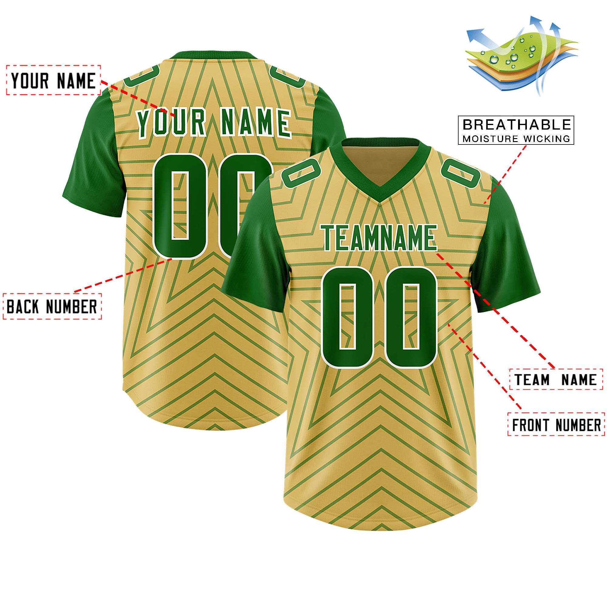 Custom Old Gold Kelly Green Personalized Star Pattern Raglan Sleeves Authentic Football Jersey