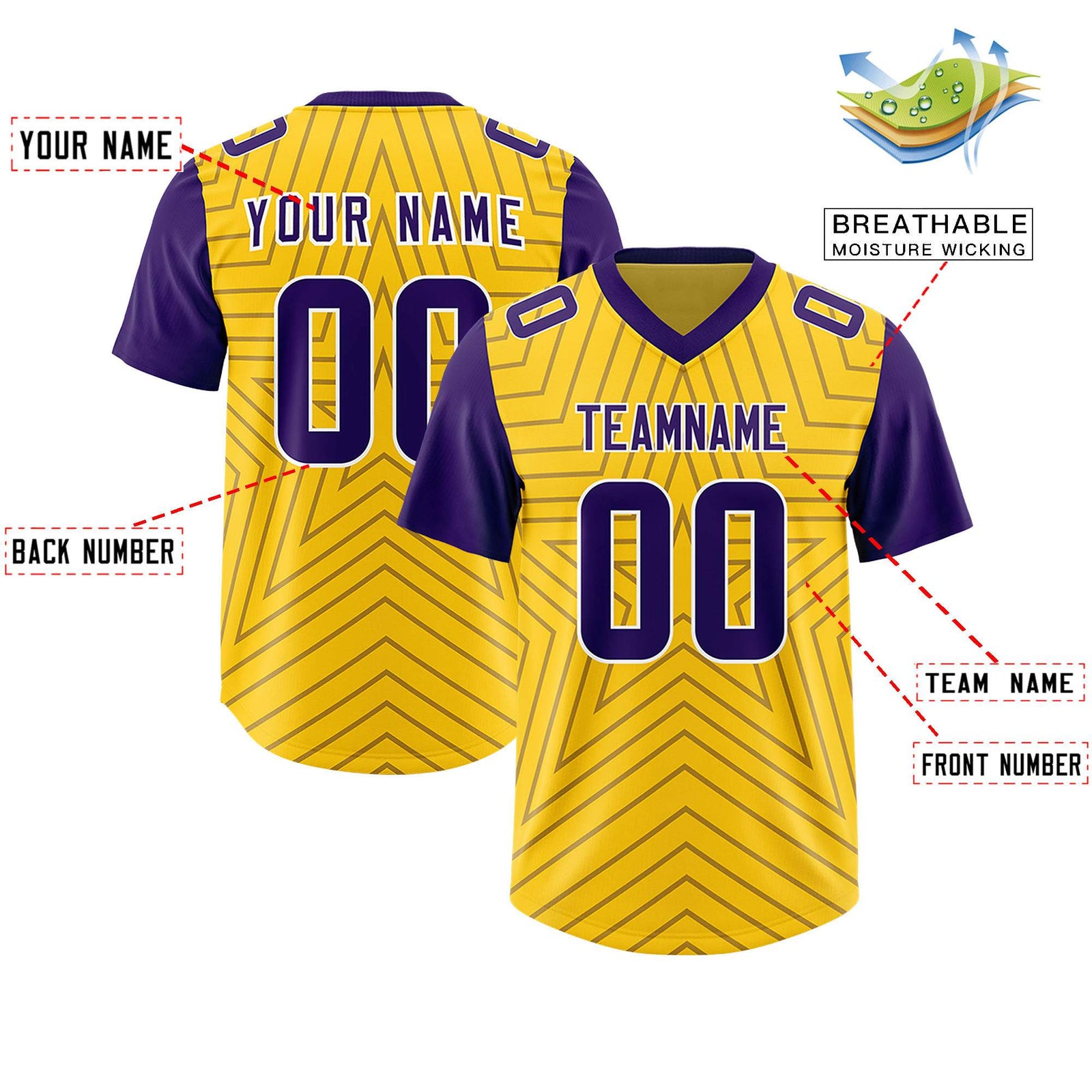 Custom Gold Purple Personalized Star Pattern Raglan Sleeves Authentic Football Jersey