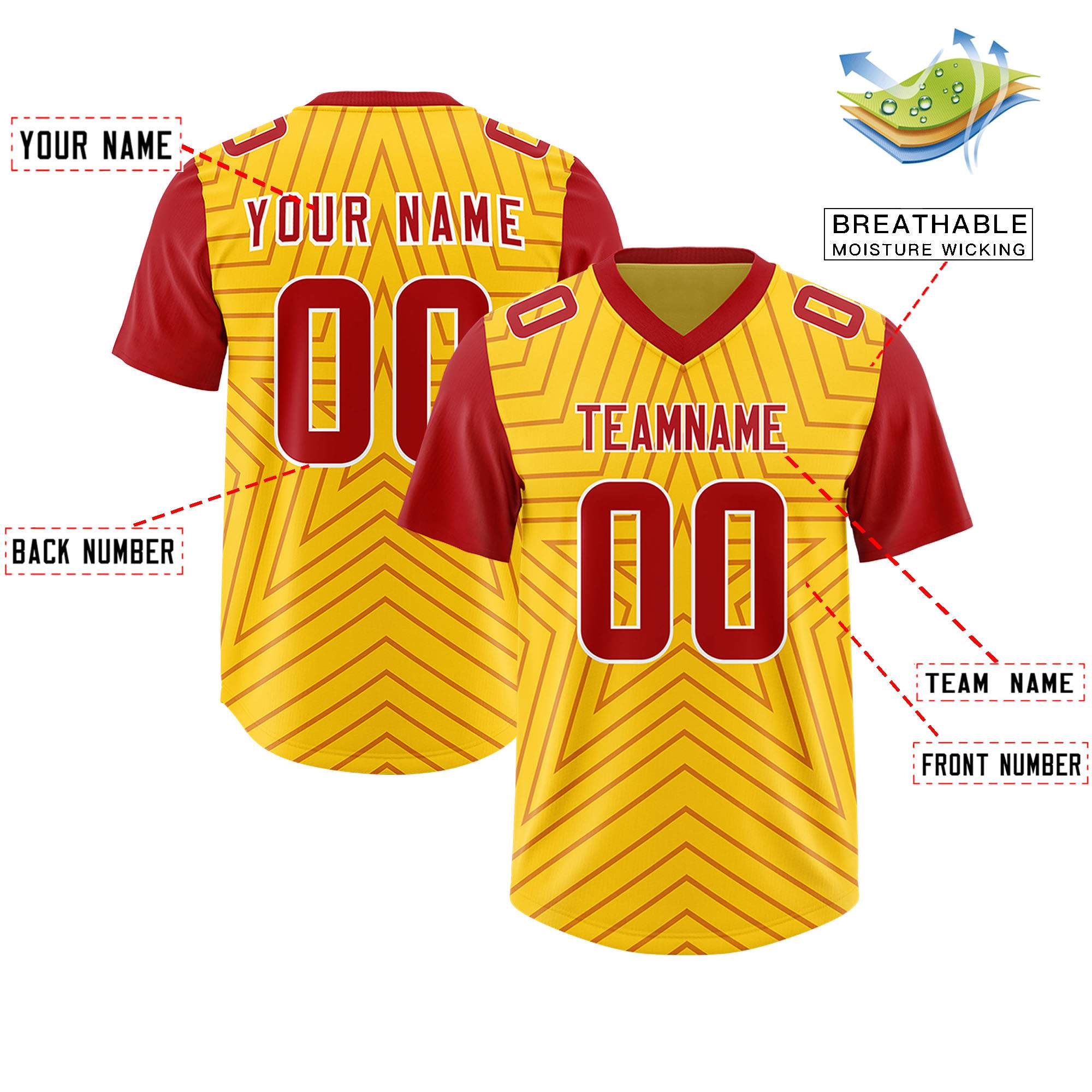 Custom Gold Red Personalized Star Pattern Raglan Sleeves Authentic Football Jersey