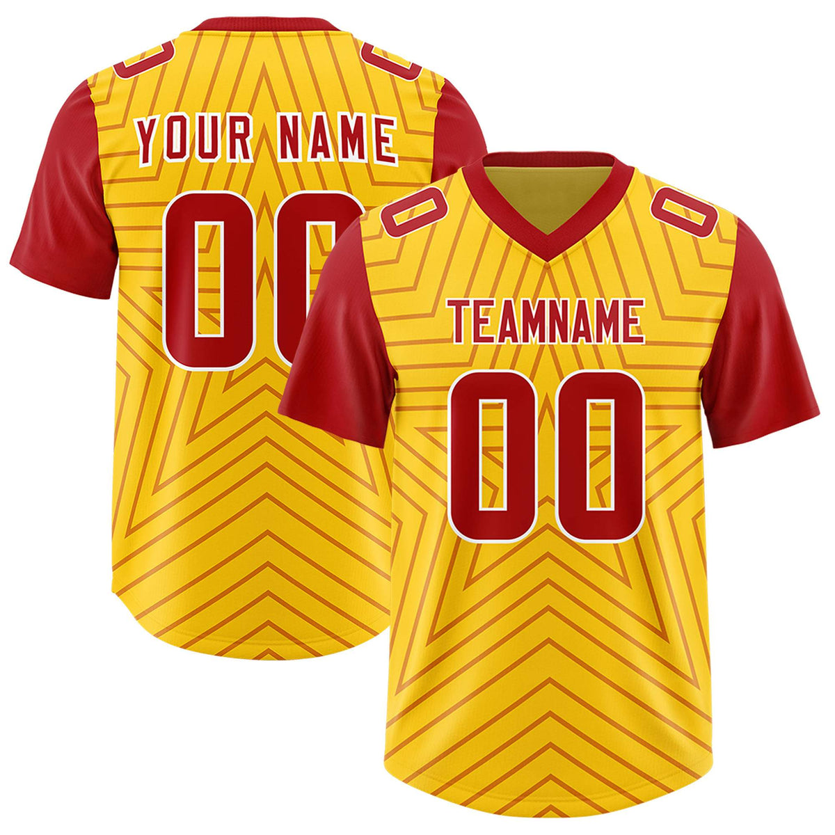 Custom Gold Red Personalized Star Pattern Raglan Sleeves Authentic Football Jersey