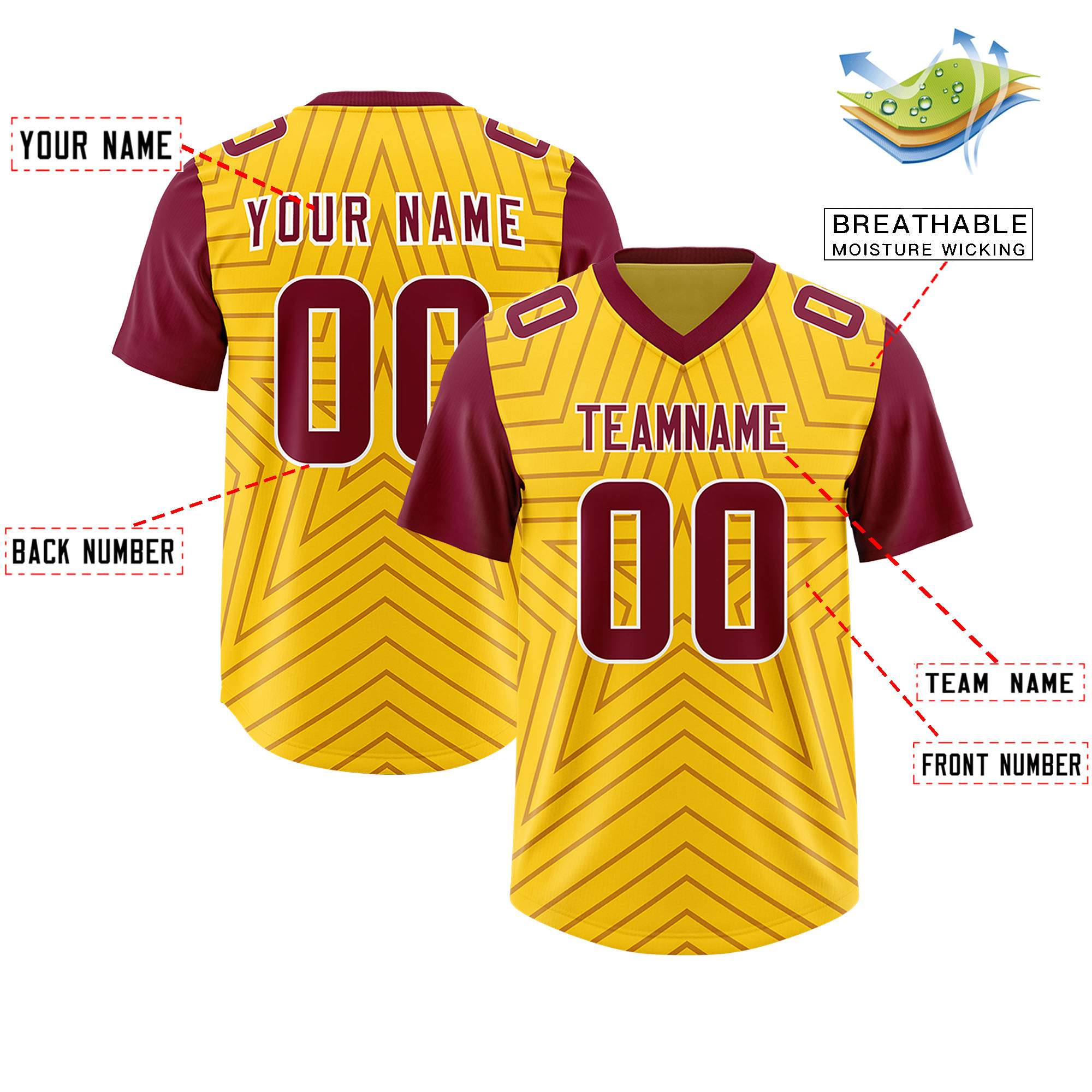 Custom Gold Cardinal Personalized Star Pattern Raglan Sleeves Authentic Football Jersey