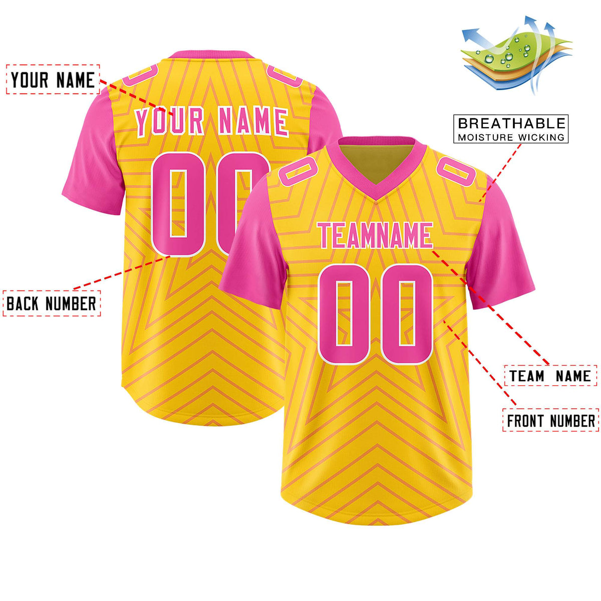 Custom Gold Pink Personalized Star Pattern Raglan Sleeves Authentic Football Jersey