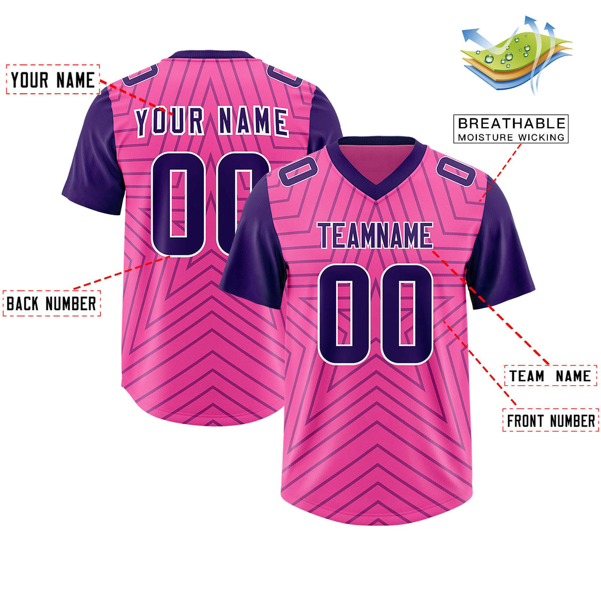 Custom Pink Purple Personalized Star Pattern Raglan Sleeves Authentic Football Jersey