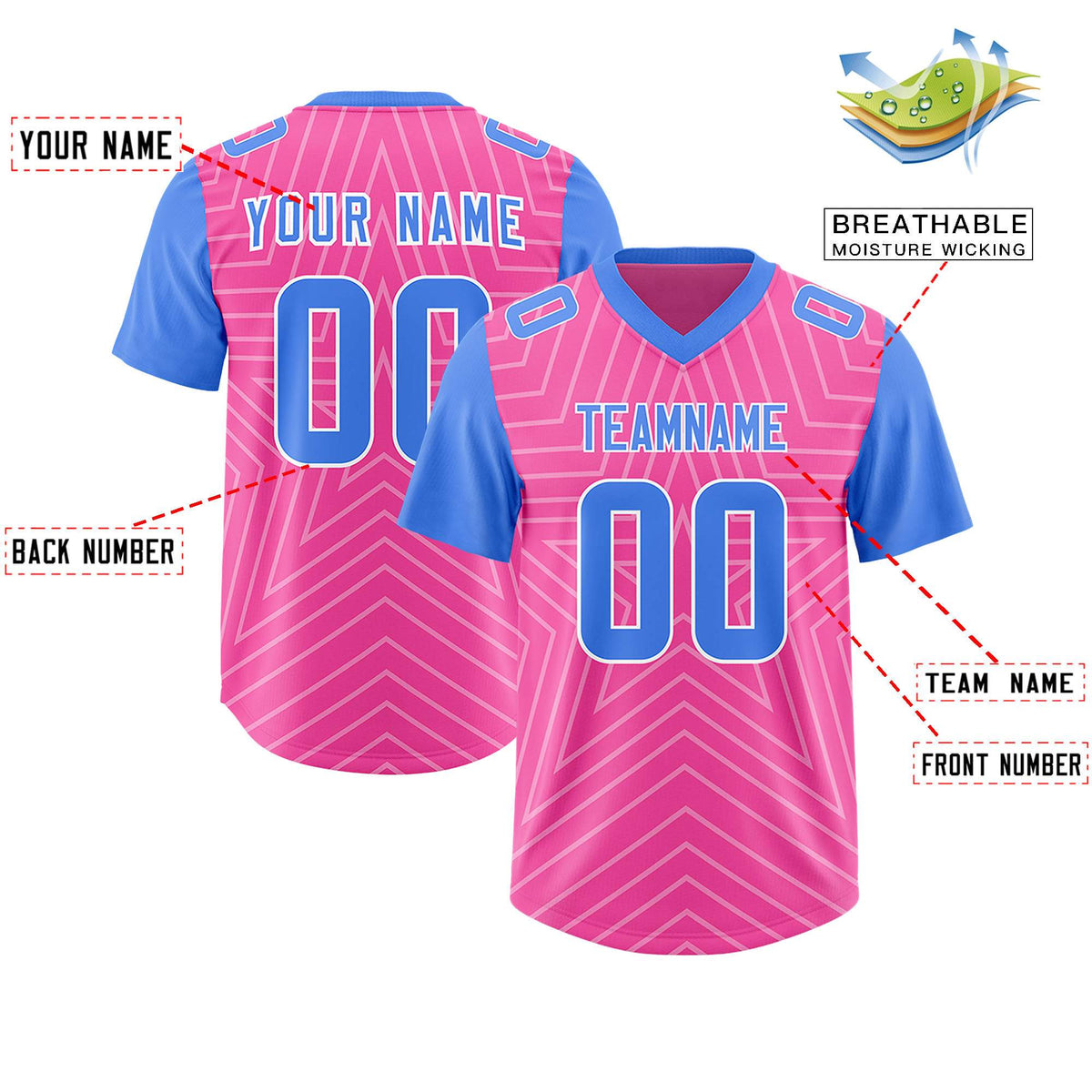 Custom Pink Powder Blue Personalized Star Pattern Raglan Sleeves Authentic Football Jersey