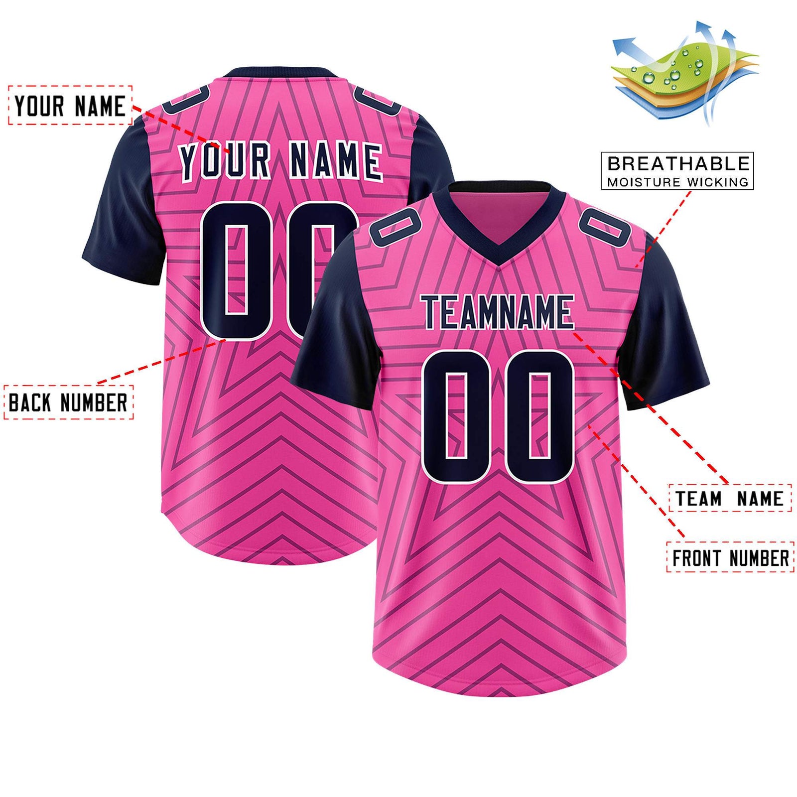Custom Pink Navy Personalized Star Pattern Raglan Sleeves Authentic Football Jersey