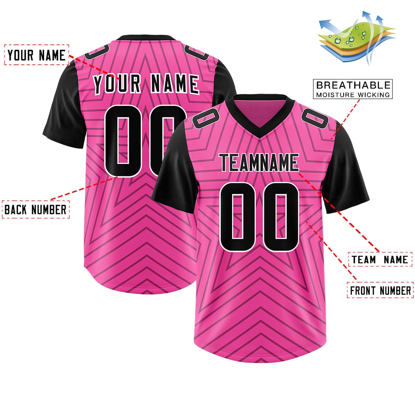 Custom Pink Black Personalized Star Pattern Raglan Sleeves Authentic Football Jersey