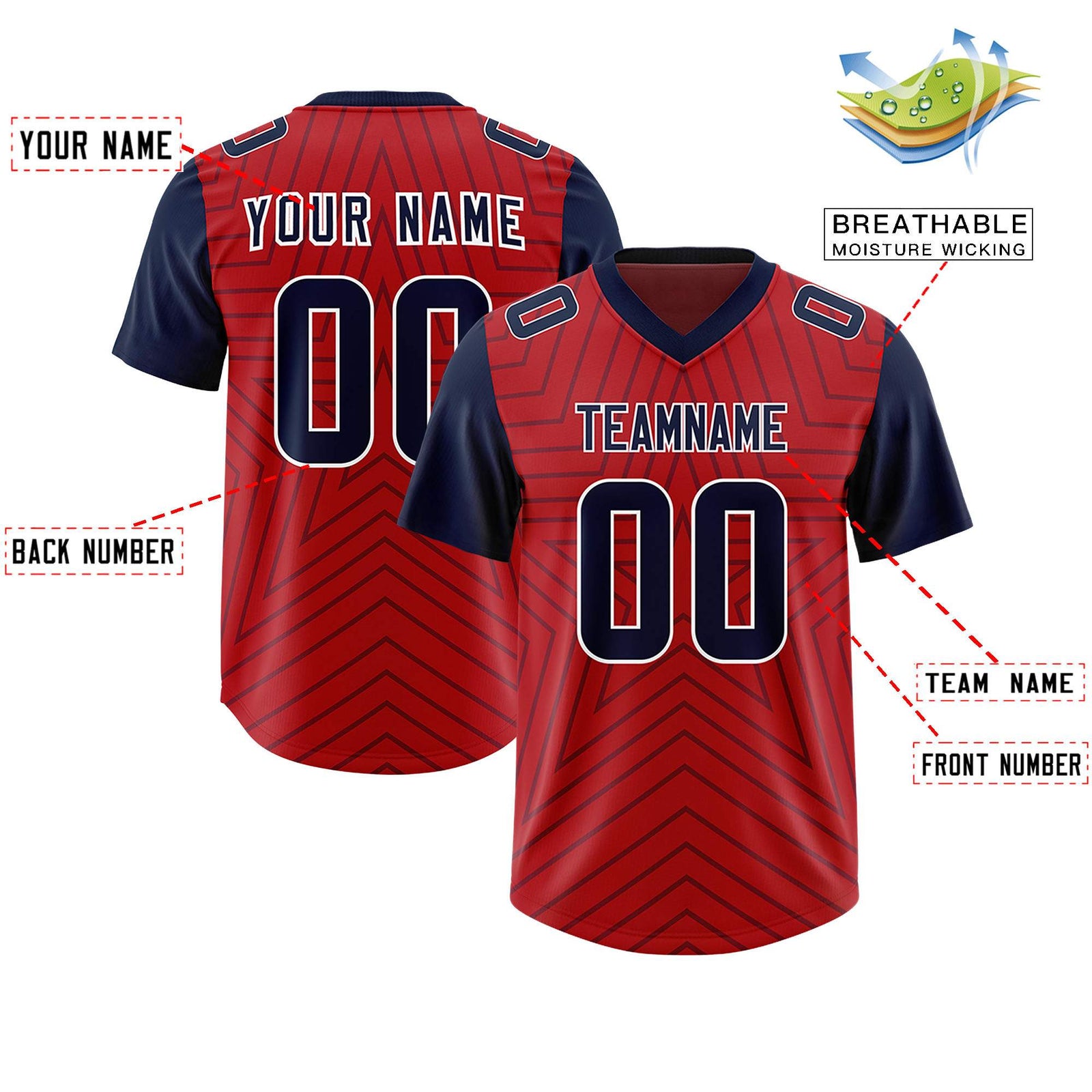 Custom Red Navy Personalized Star Pattern Raglan Sleeves Authentic Football Jersey