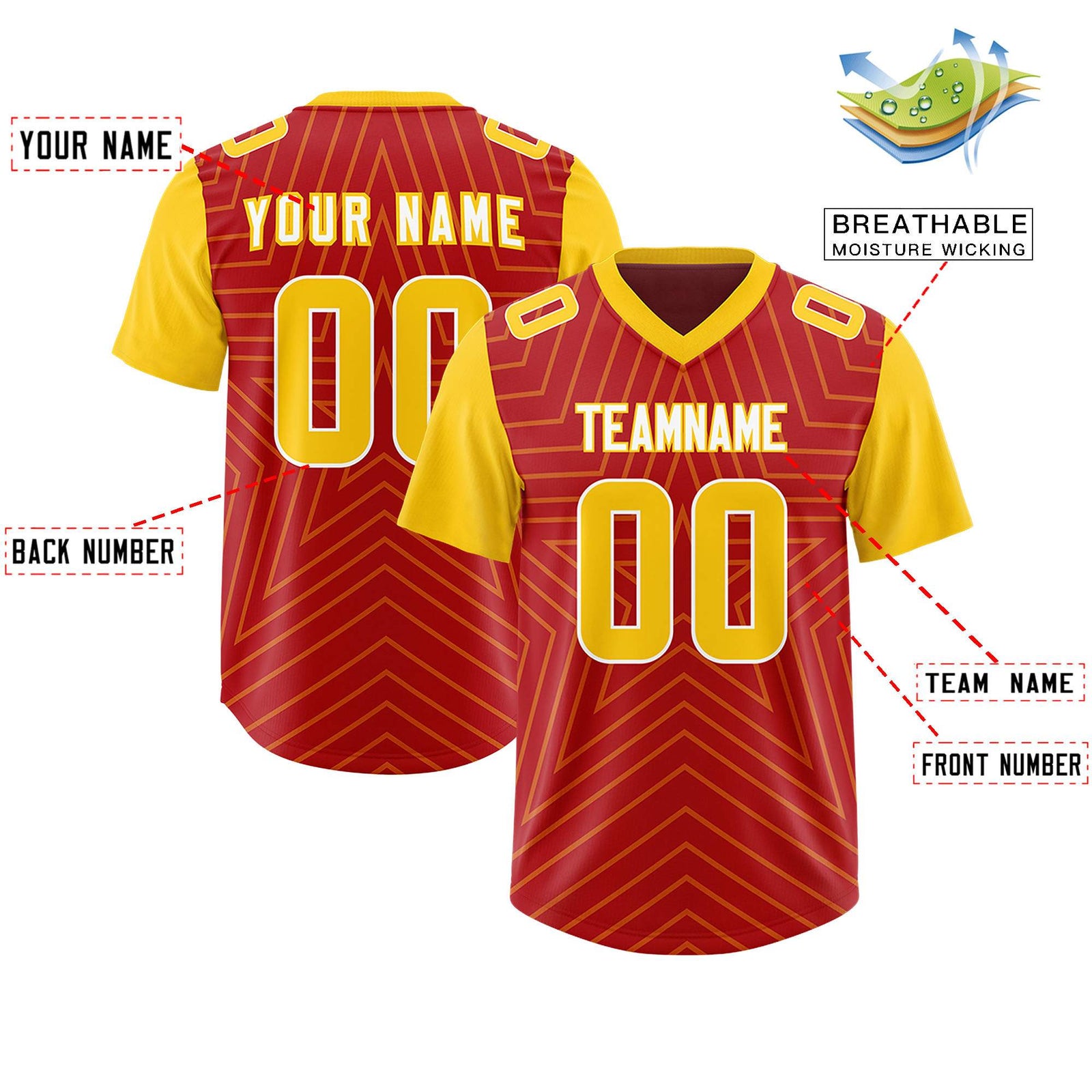 Custom Red Gold Personalized Star Pattern Raglan Sleeves Authentic Football Jersey