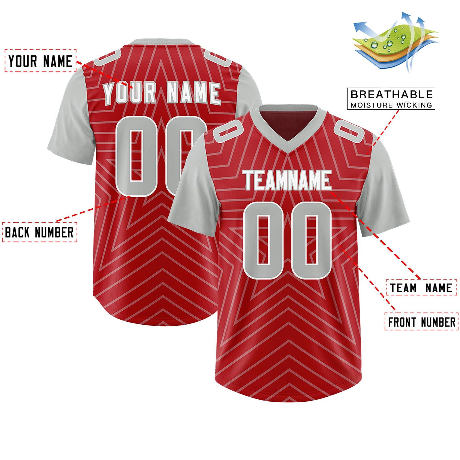 Custom Red Gray Personalized Star Pattern Raglan Sleeves Authentic Football Jersey