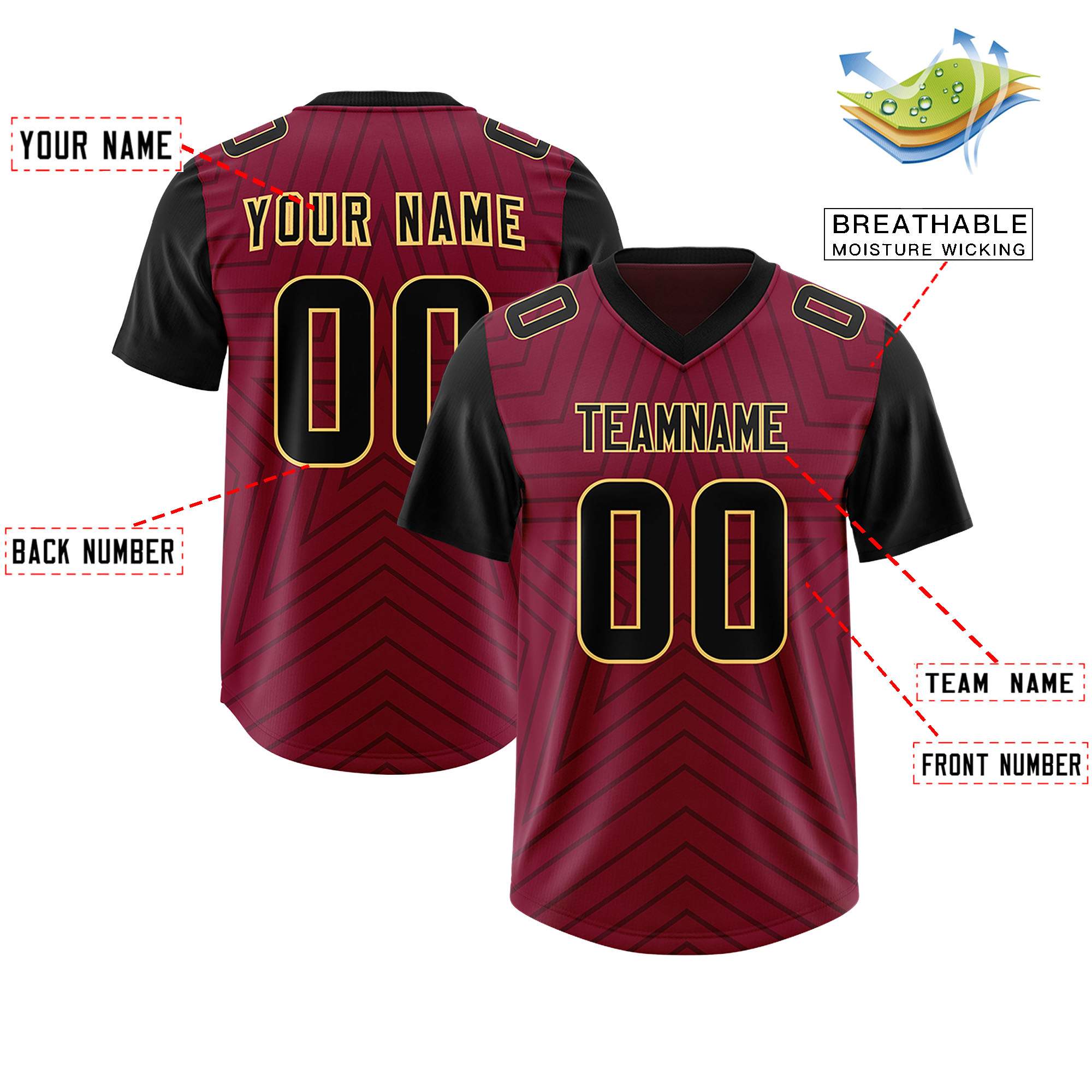 Custom Cardinal Black Personalized Star Pattern Raglan Sleeves Authentic Football Jersey