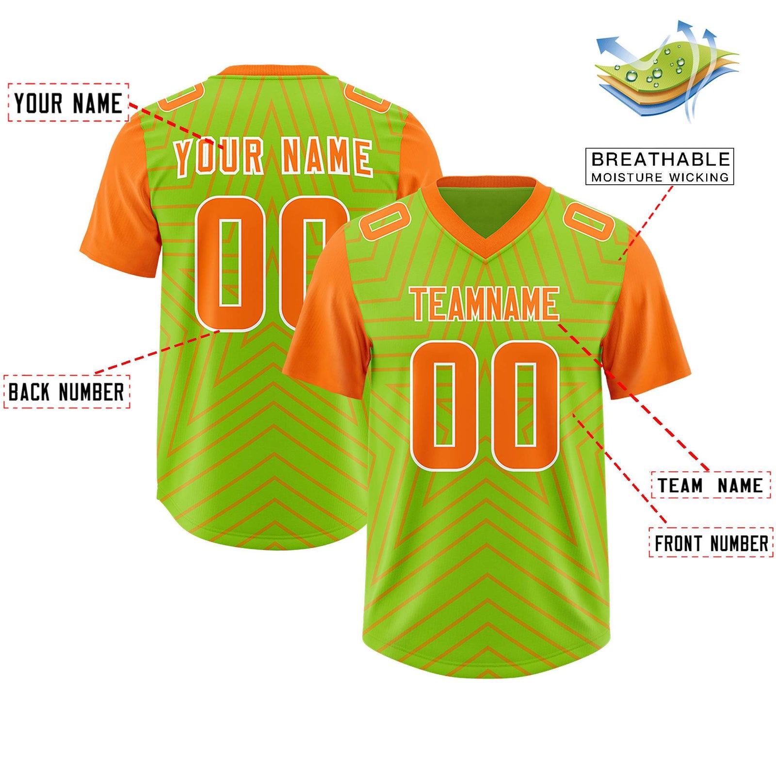 Custom Neon Green Orange Personalized Star Pattern Raglan Sleeves Authentic Football Jersey