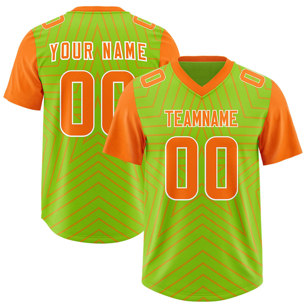 Custom Neon Green Orange Personalized Star Pattern Raglan Sleeves Authentic Football Jersey