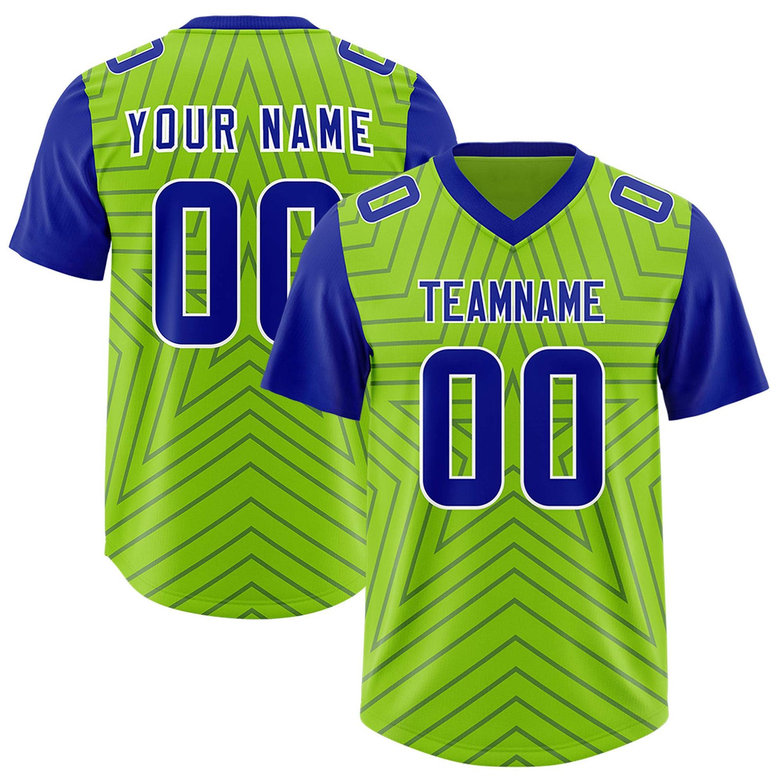 Custom Neon Green Royal Personalized Star Pattern Raglan Sleeves Authentic Football Jersey