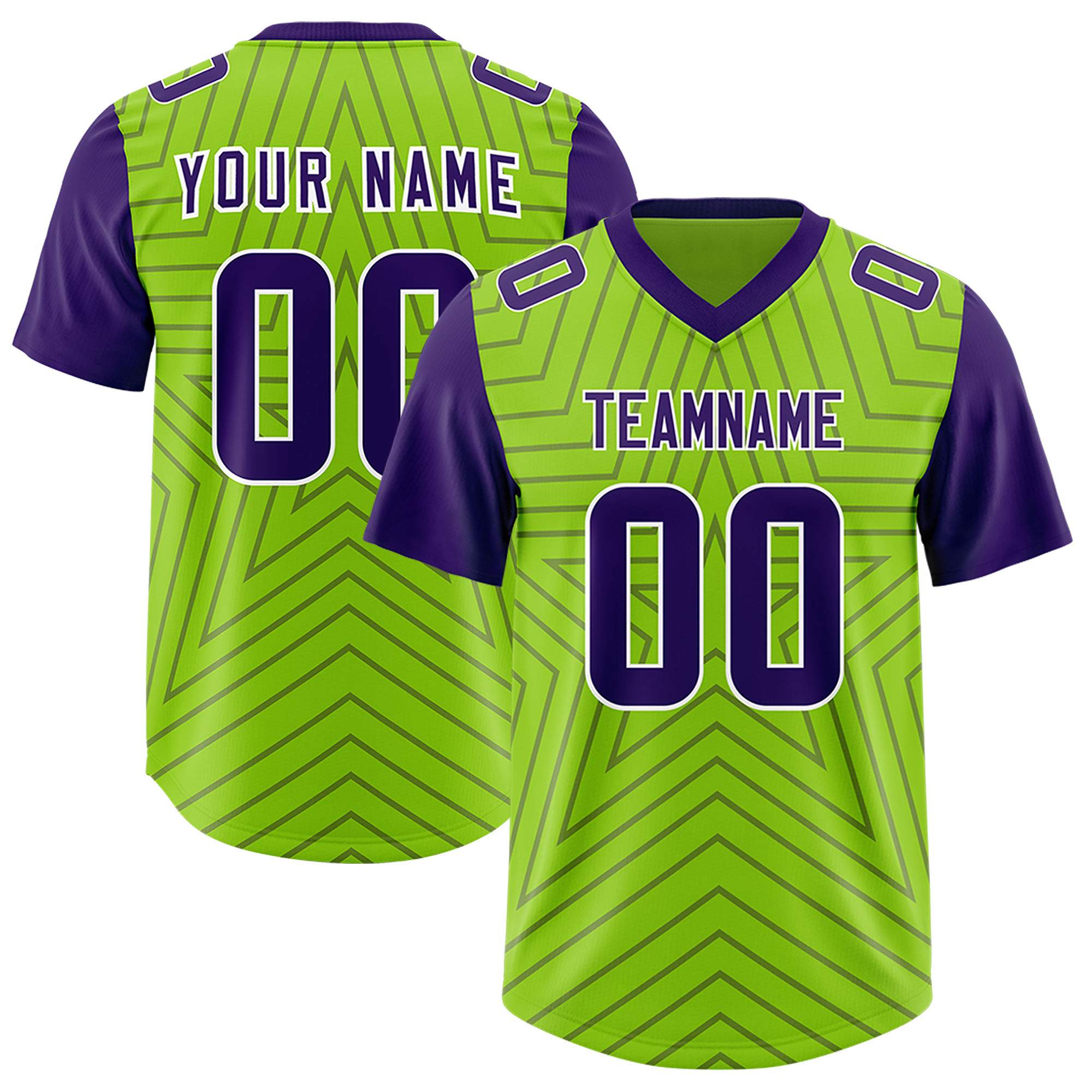 Custom Neon Green Purple Personalized Star Pattern Raglan Sleeves Authentic Football Jersey