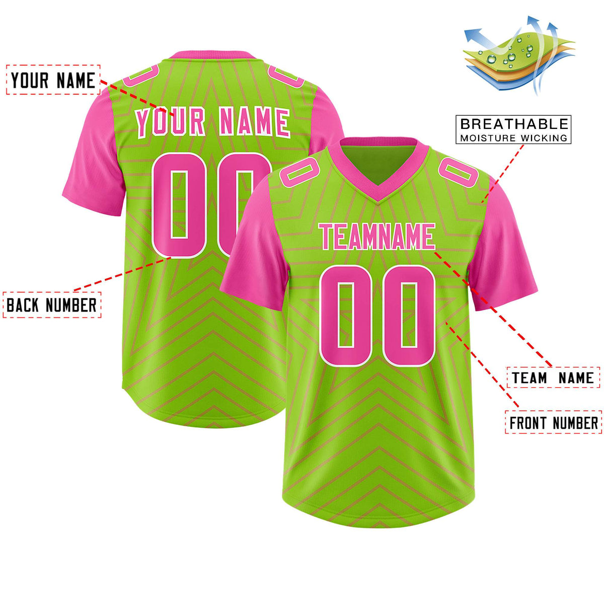 Custom Neon Green Pink Personalized Star Pattern Raglan Sleeves Authentic Football Jersey