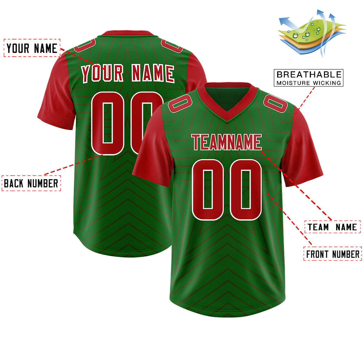 Custom Kelly Green Red Personalized Star Pattern Raglan Sleeves Authentic Football Jersey