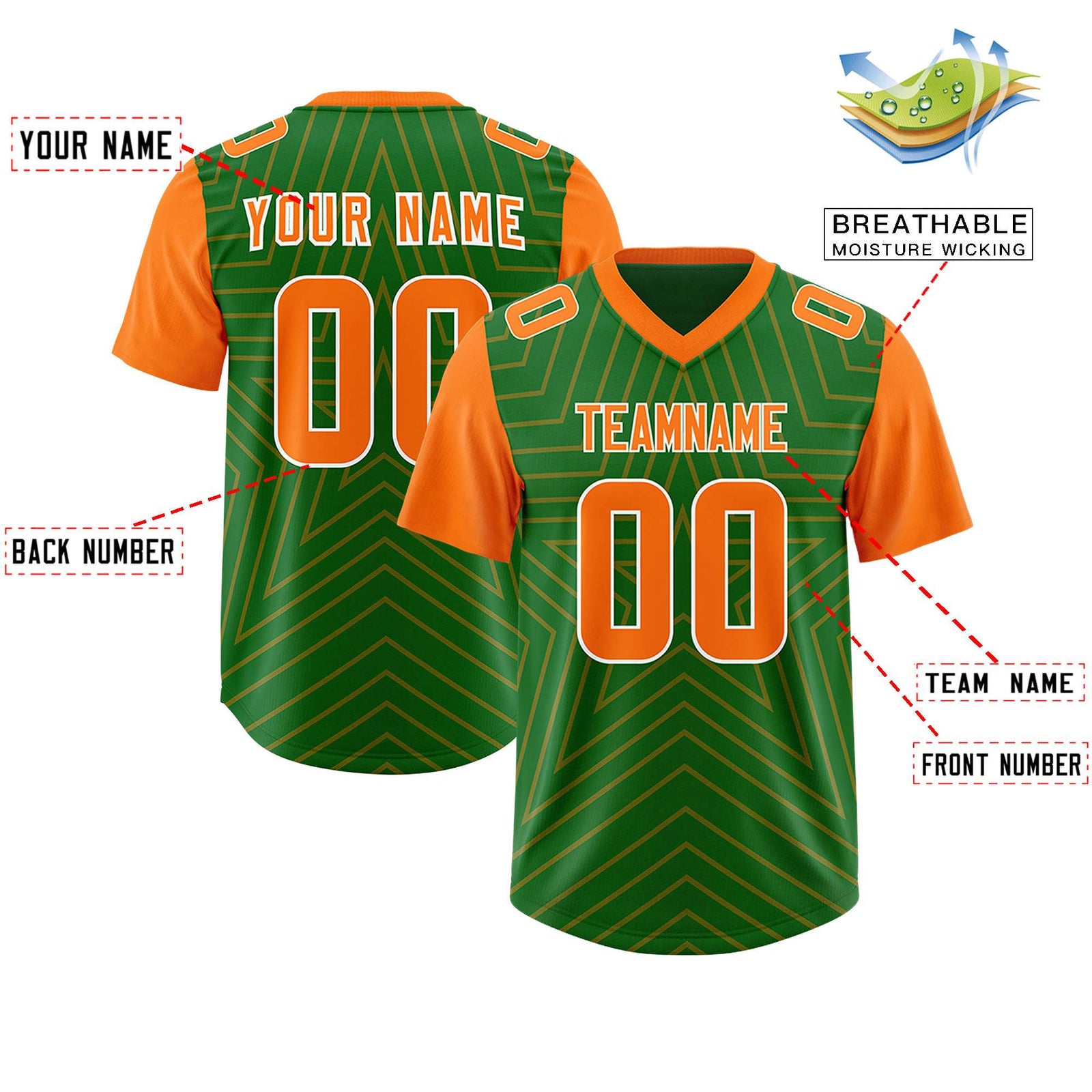 Custom Kelly Green Orange Personalized Star Pattern Raglan Sleeves Authentic Football Jersey
