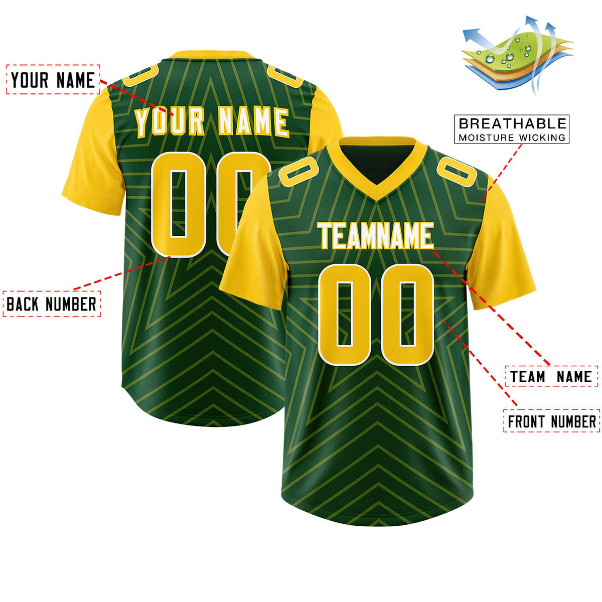 Custom Green Gold Personalized Star Pattern Raglan Sleeves Authentic Football Jersey