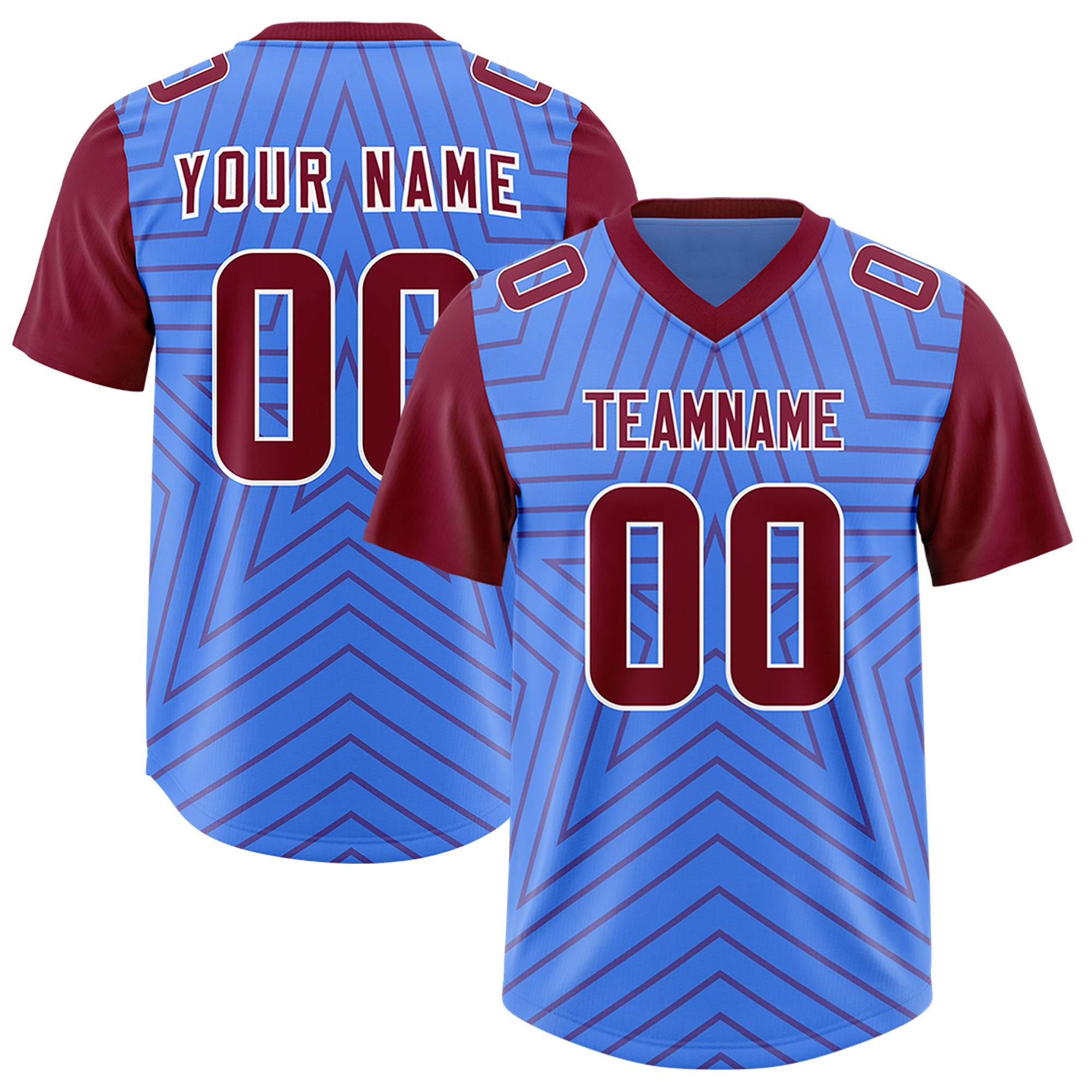 Custom Powder Blue Cardinal Personalized Star Pattern Raglan Sleeves Authentic Football Jersey