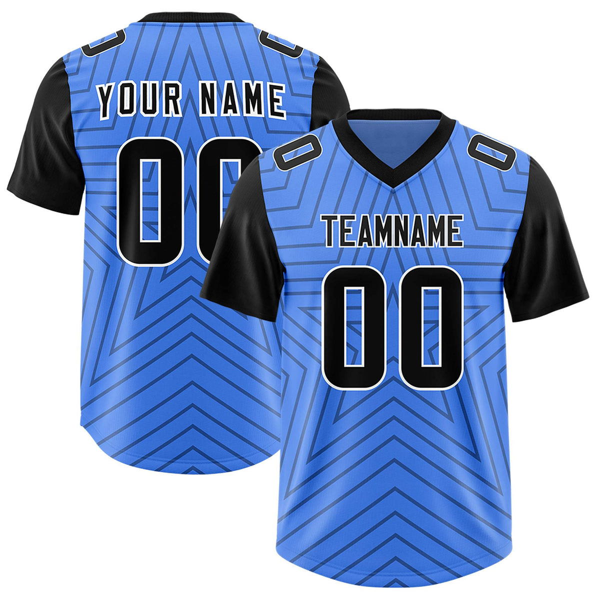 Custom Powder Blue Black Personalized Star Pattern Raglan Sleeves Authentic Football Jersey