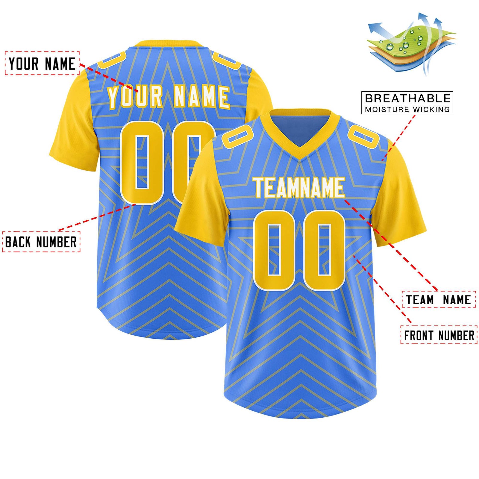 Custom Powder Blue Gold Personalized Star Pattern Raglan Sleeves Authentic Football Jersey
