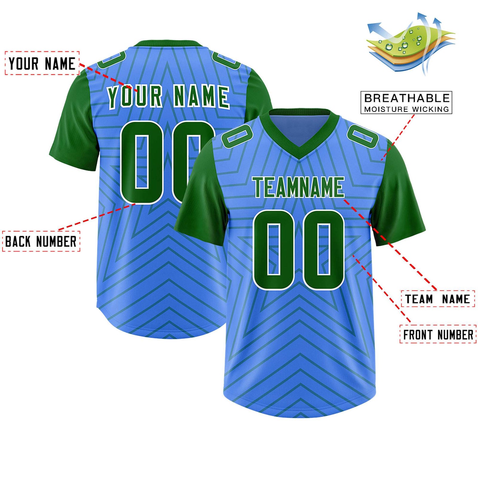Custom Powder Blue Kelly Green Personalized Star Pattern Raglan Sleeves Authentic Football Jersey