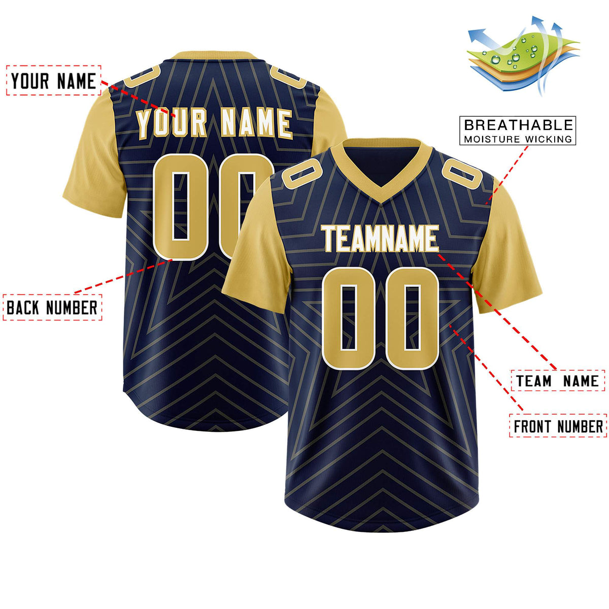 Custom Navy Old Gold Personalized Star Pattern Raglan Sleeves Authentic Football Jersey