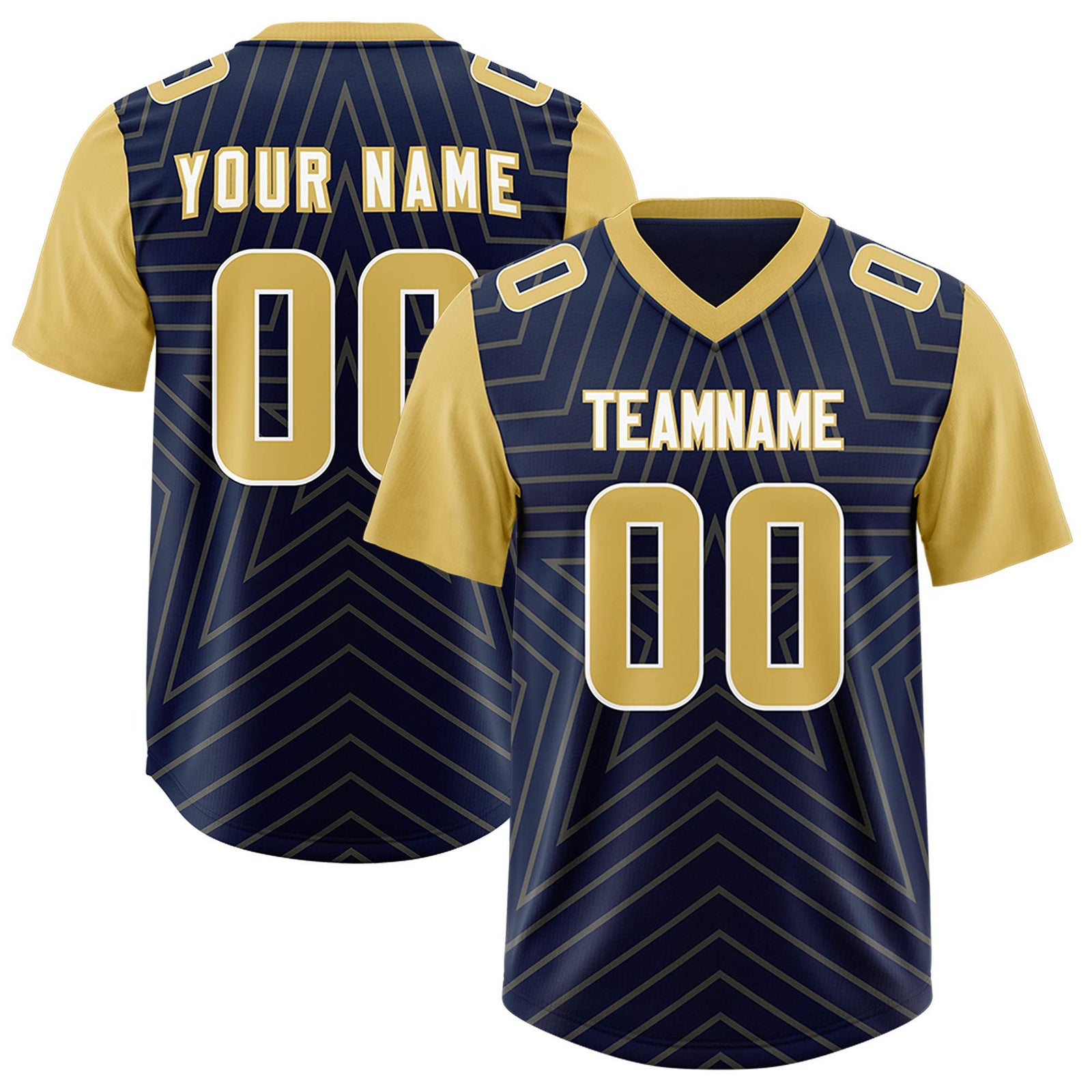 Custom Navy Old Gold Personalized Star Pattern Raglan Sleeves Authentic Football Jersey