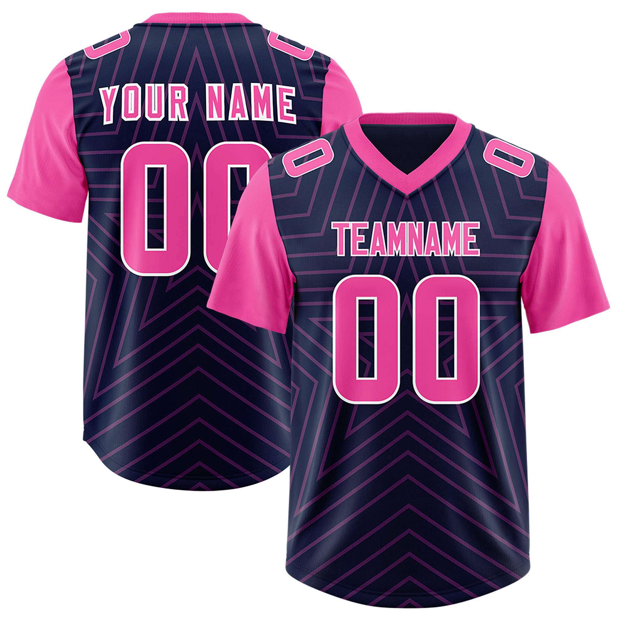 Custom Navy Pink Personalized Star Pattern Raglan Sleeves Authentic Football Jersey