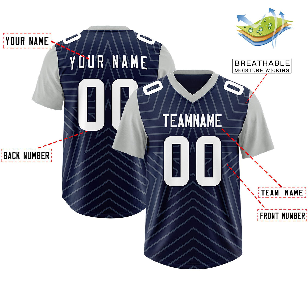 Custom Navy Gray Personalized Star Pattern Raglan Sleeves Authentic Football Jersey