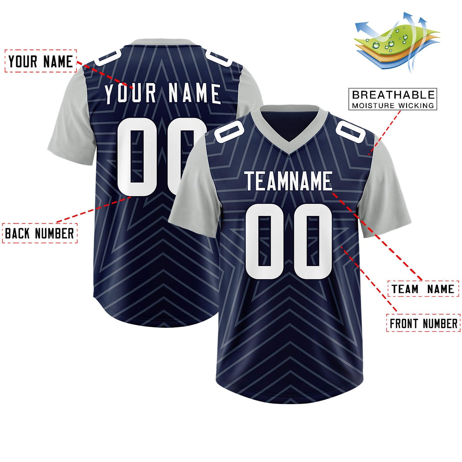 Custom Navy Gray Personalized Star Pattern Raglan Sleeves Authentic Football Jersey